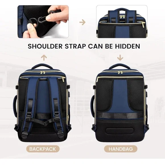 Multi-Pocket Travel Backpack - Navy & Gold - Picture 4 of 9